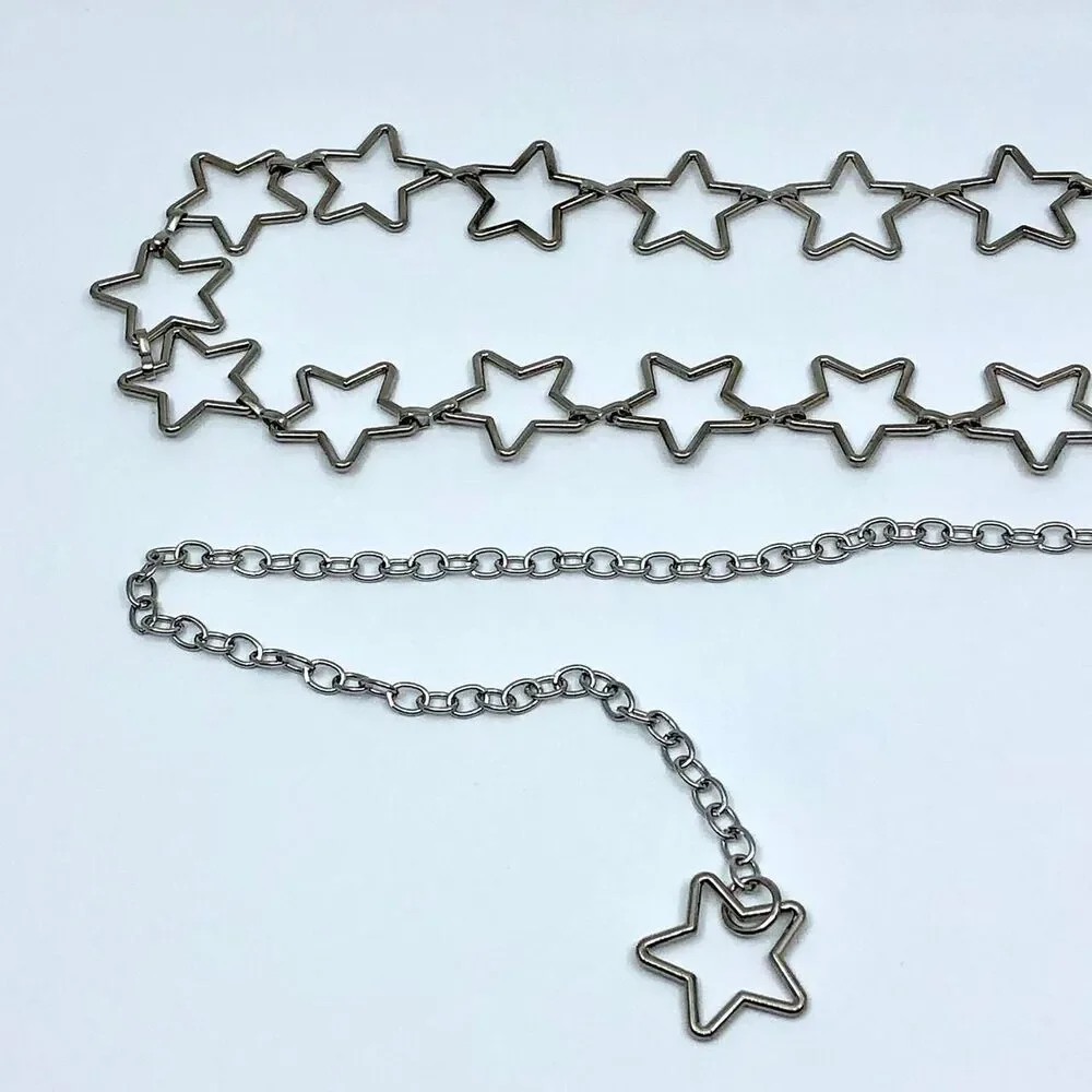 Vintage Y2K Cyber Star Silver Chain Belt, Fits 20.5–39.5 Inches, X7GA1177